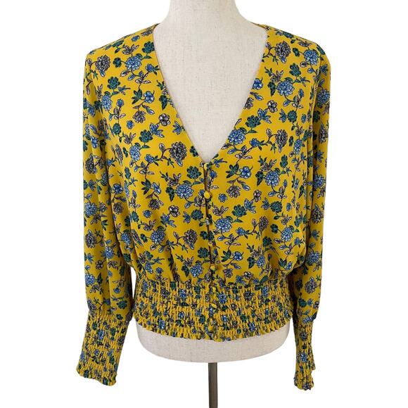 Scripted V-Neck Yellow Floral Blouse Sz L - Picture 1 of 6